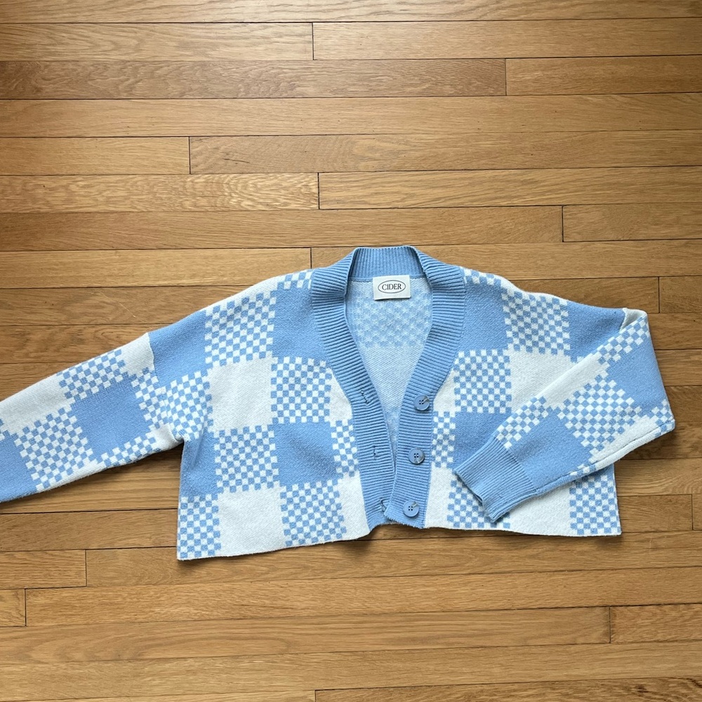 Women’s Blue and White Checkered Cardigan